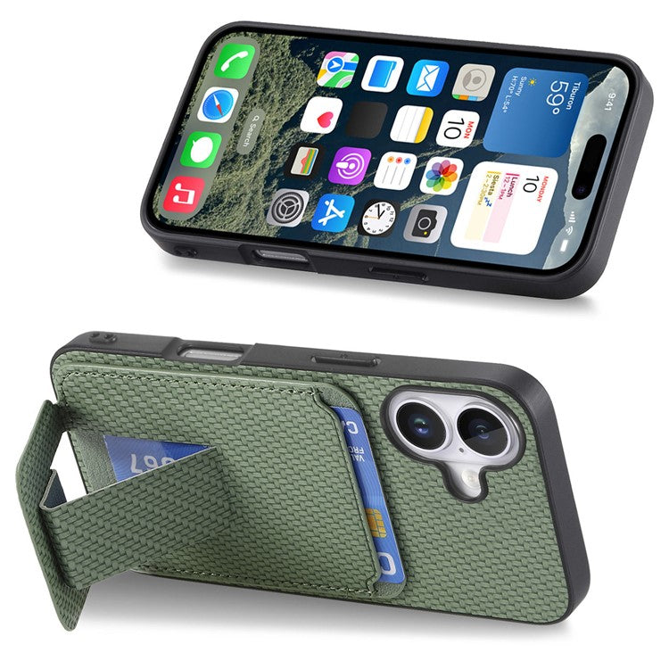 C1-11 for iPhone 16 Plus Case Card Holder Carbon Fiber Texture Leather Coated TPU Phone Cover - Green