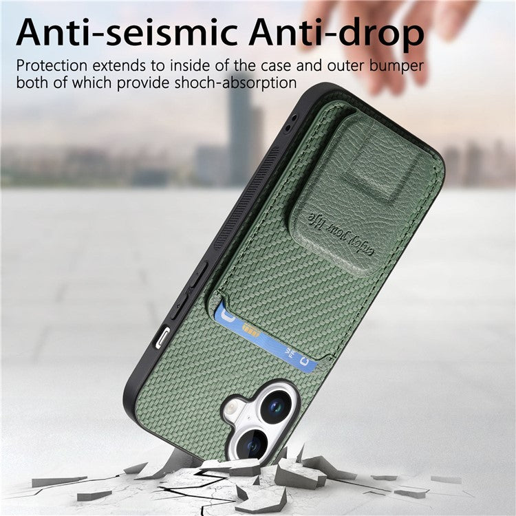 C1-11 for iPhone 16 Plus Case Card Holder Carbon Fiber Texture Leather Coated TPU Phone Cover - Green