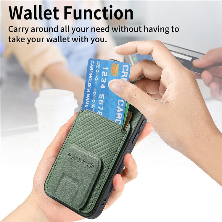 C1-11 for iPhone 16 Plus Case Card Holder Carbon Fiber Texture Leather Coated TPU Phone Cover - Green