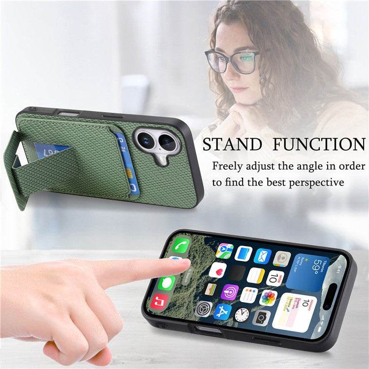 C1-11 for iPhone 16 Plus Case Card Holder Carbon Fiber Texture Leather Coated TPU Phone Cover - Green