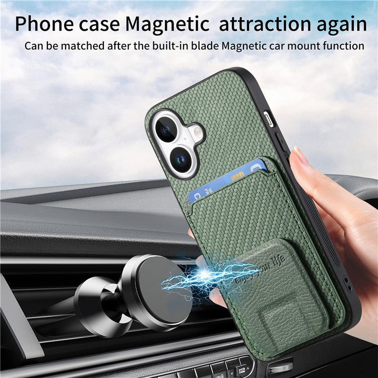 C1-11 for iPhone 16 Plus Case Card Holder Carbon Fiber Texture Leather Coated TPU Phone Cover - Green