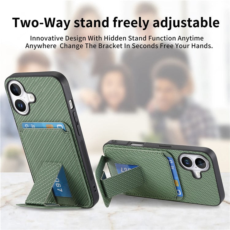 C1-11 for iPhone 16 Plus Case Card Holder Carbon Fiber Texture Leather Coated TPU Phone Cover - Green