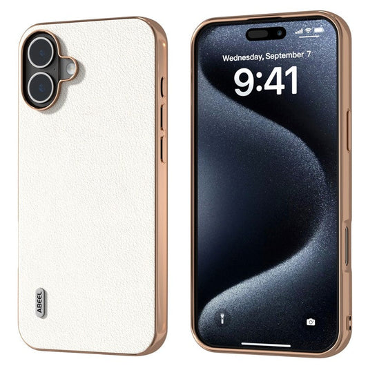 ABEEL For iPhone 16 Plus Case Electroplating Edge Genuine Cow Leather+PC+TPU Phone Cover - Grey
