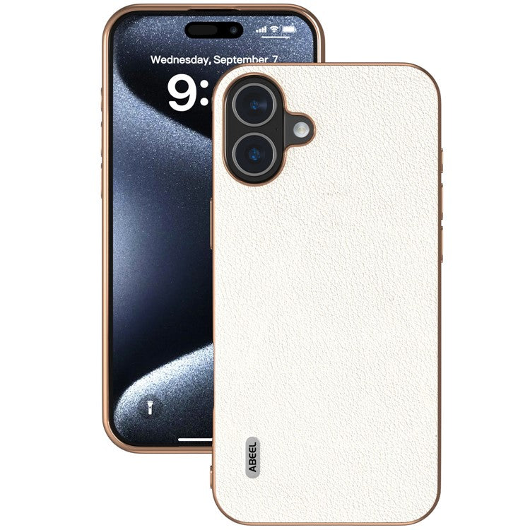 ABEEL For iPhone 16 Plus Case Electroplating Edge Genuine Cow Leather+PC+TPU Phone Cover - Grey