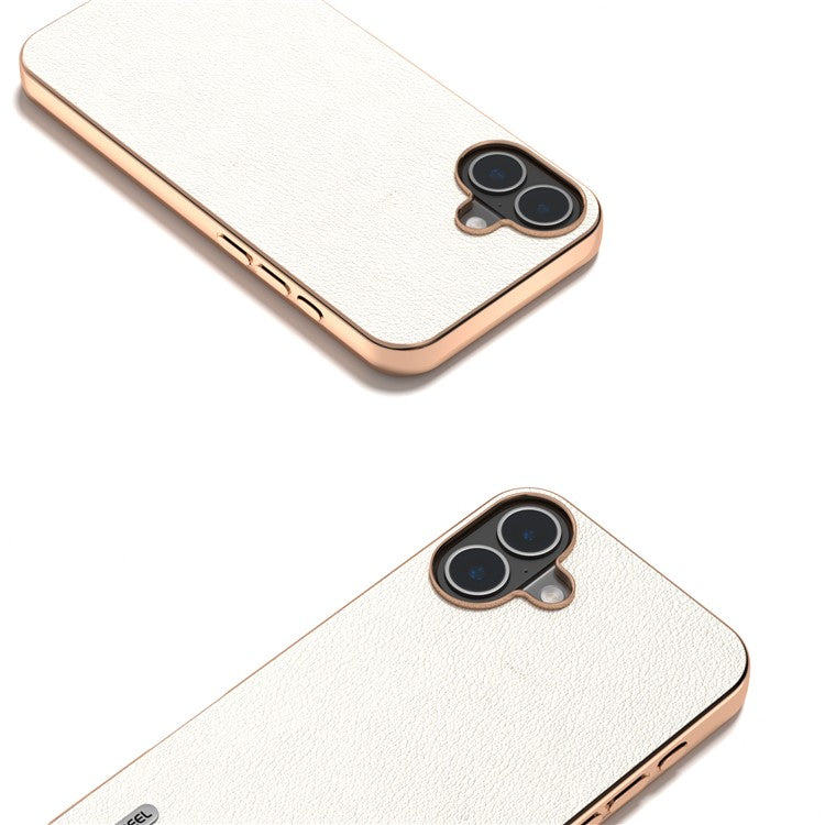 ABEEL For iPhone 16 Plus Case Electroplating Edge Genuine Cow Leather+PC+TPU Phone Cover - Grey