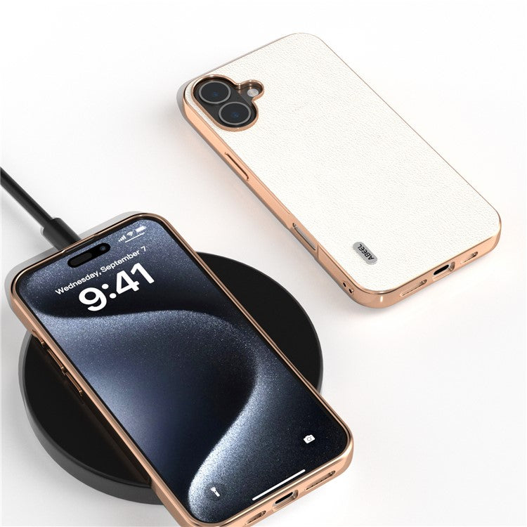 ABEEL For iPhone 16 Plus Case Electroplating Edge Genuine Cow Leather+PC+TPU Phone Cover - Grey