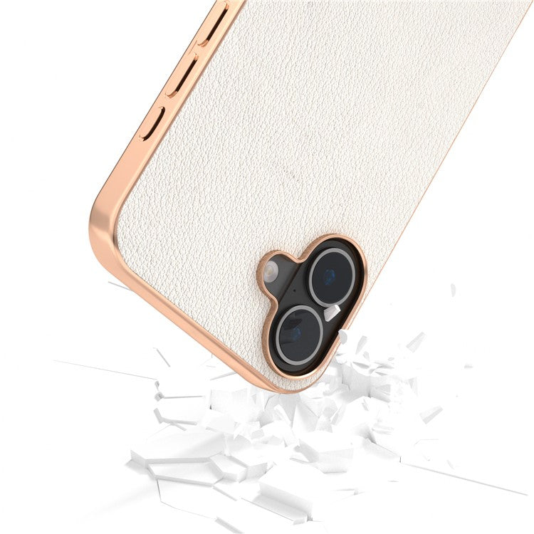 ABEEL For iPhone 16 Plus Case Electroplating Edge Genuine Cow Leather+PC+TPU Phone Cover - Grey