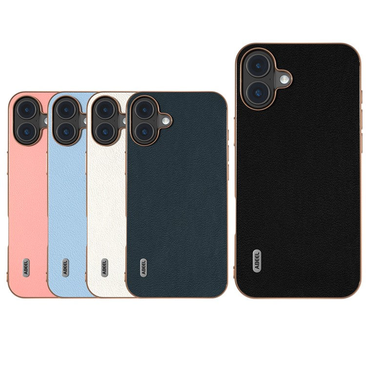ABEEL For iPhone 16 Plus Case Electroplating Edge Genuine Cow Leather+PC+TPU Phone Cover - Grey