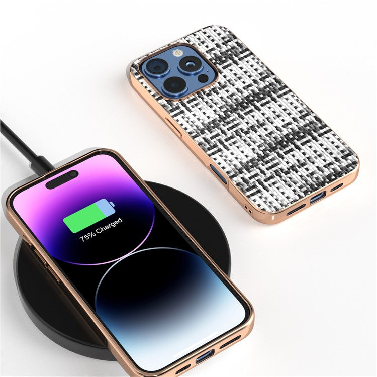 For iPhone 16 Pro Case Electroplating Edge Plaid Texture PU Leather+PC+TPU Phone Cover - Black+White