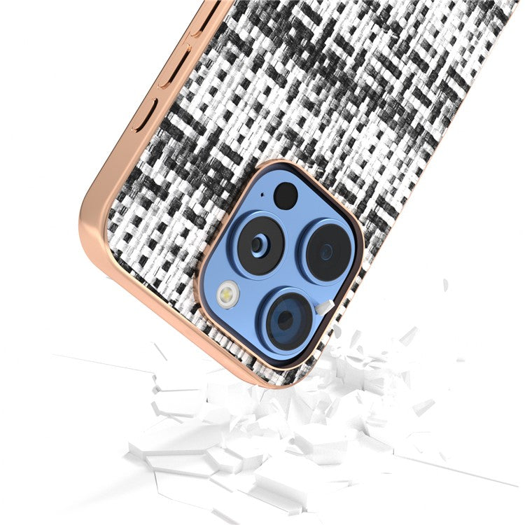 For iPhone 16 Pro Case Electroplating Edge Plaid Texture PU Leather+PC+TPU Phone Cover - Black+White