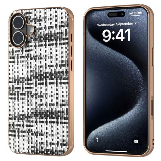 For iPhone 16 Plus Case Electroplating Edge Plaid Texture PU Leather+PC+TPU Phone Cover - Black+White
