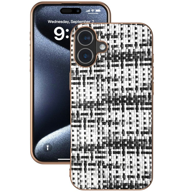 For iPhone 16 Plus Case Electroplating Edge Plaid Texture PU Leather+PC+TPU Phone Cover - Black+White