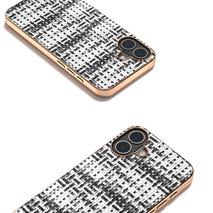 For iPhone 16 Plus Case Electroplating Edge Plaid Texture PU Leather+PC+TPU Phone Cover - Black+White