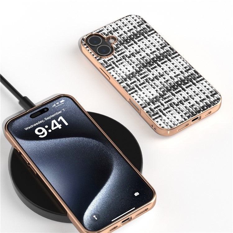 For iPhone 16 Plus Case Electroplating Edge Plaid Texture PU Leather+PC+TPU Phone Cover - Black+White