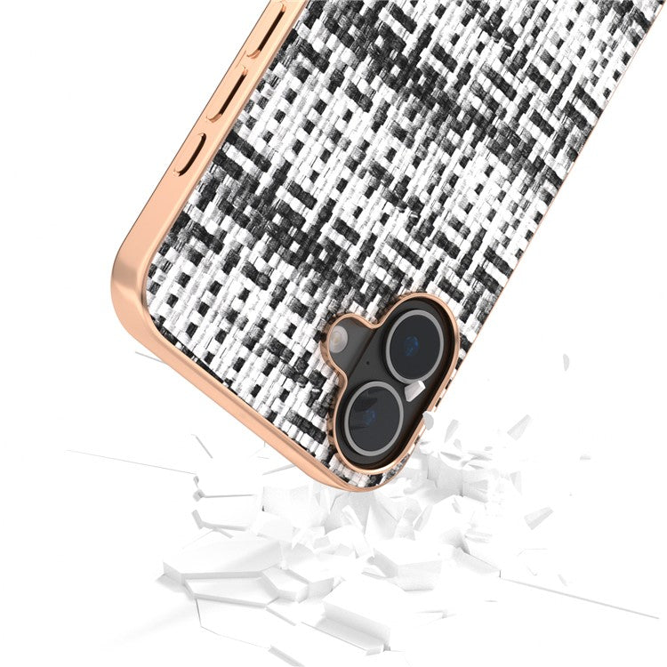 For iPhone 16 Plus Case Electroplating Edge Plaid Texture PU Leather+PC+TPU Phone Cover - Black+White