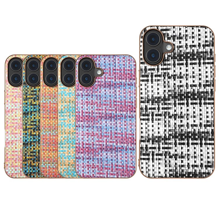 For iPhone 16 Plus Case Electroplating Edge Plaid Texture PU Leather+PC+TPU Phone Cover - Black+White