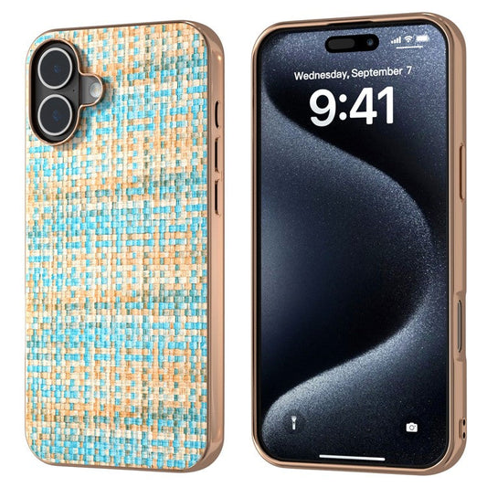 For iPhone 16 Plus Case Electroplating Edge Plaid Texture PU Leather+PC+TPU Phone Cover - Blue