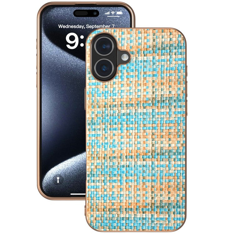 For iPhone 16 Plus Case Electroplating Edge Plaid Texture PU Leather+PC+TPU Phone Cover - Blue