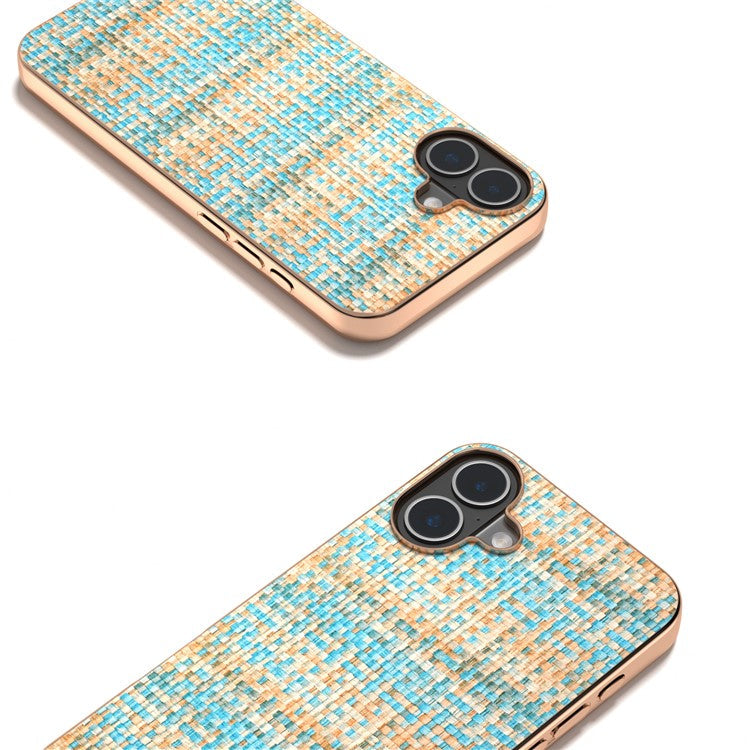 For iPhone 16 Plus Case Electroplating Edge Plaid Texture PU Leather+PC+TPU Phone Cover - Blue