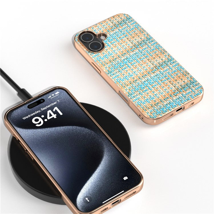 For iPhone 16 Plus Case Electroplating Edge Plaid Texture PU Leather+PC+TPU Phone Cover - Blue