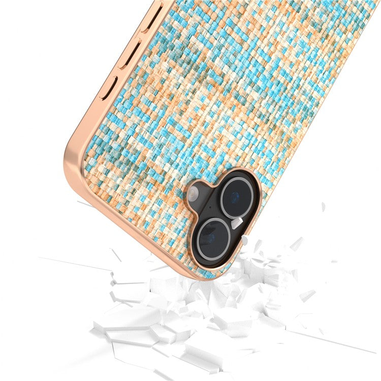 For iPhone 16 Plus Case Electroplating Edge Plaid Texture PU Leather+PC+TPU Phone Cover - Blue