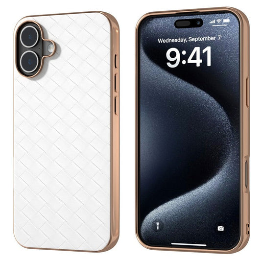 For iPhone 16 Plus Case Woven Texture Electroplating Edge Leather Coated PC+TPU Phone Cover - White