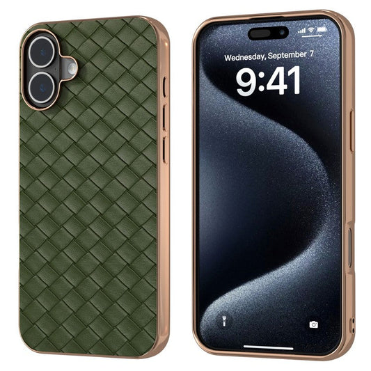 For iPhone 16 Plus Case Woven Texture Electroplating Edge Leather Coated PC+TPU Phone Cover - Green