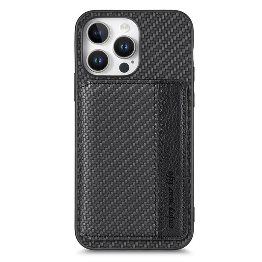 C1-02 For iPhone 16 Pro Case RFID Blocking Card Holder Carbon Fiber Leather+PC+TPU Phone Cover - Black