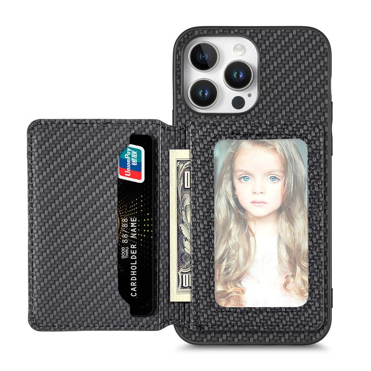 C1-02 For iPhone 16 Pro Case RFID Blocking Card Holder Carbon Fiber Leather+PC+TPU Phone Cover - Black
