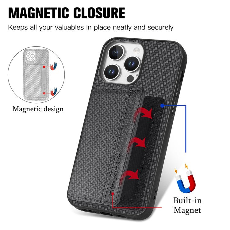 C1-02 For iPhone 16 Pro Case RFID Blocking Card Holder Carbon Fiber Leather+PC+TPU Phone Cover - Black