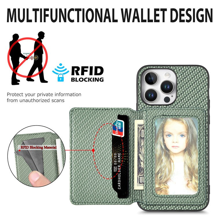 C1-02 For iPhone 16 Pro Case RFID Blocking Card Holder Carbon Fiber Leather+PC+TPU Phone Cover - Black