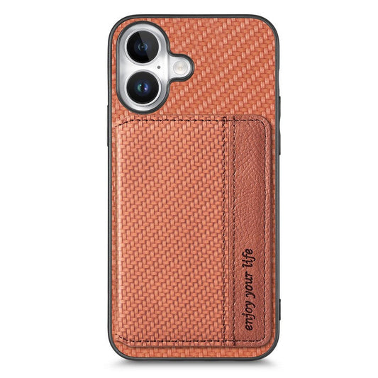 C1-02 For iPhone 16 Plus Case RFID Blocking Card Holder Carbon Fiber Leather+PC+TPU Phone Cover - Brown
