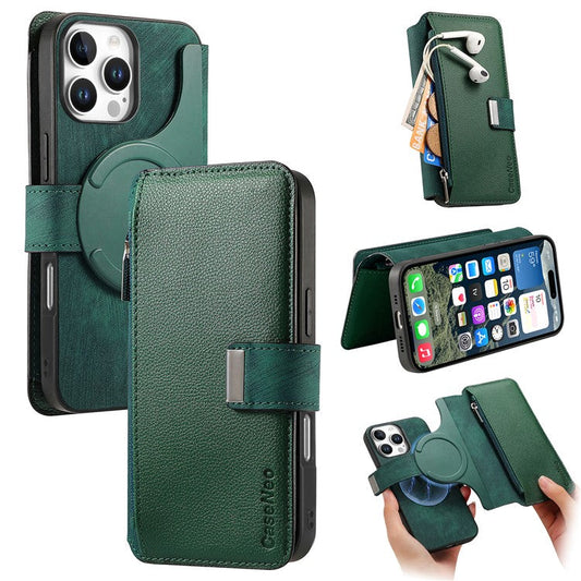 CASENEO MW-02 For iPhone 16 Pro Leather Case Detachable Magnetic Phone Cover - Green