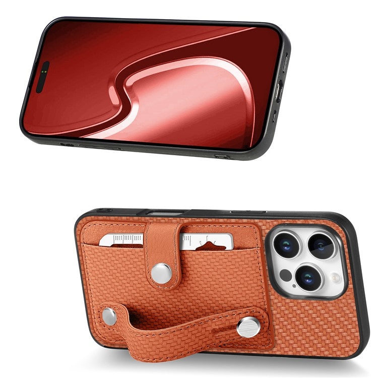 C1-01 For iPhone 16 Pro Case Wristband Anti-Drop Leather Back Cover with Card Holder, Card Knife - Brown