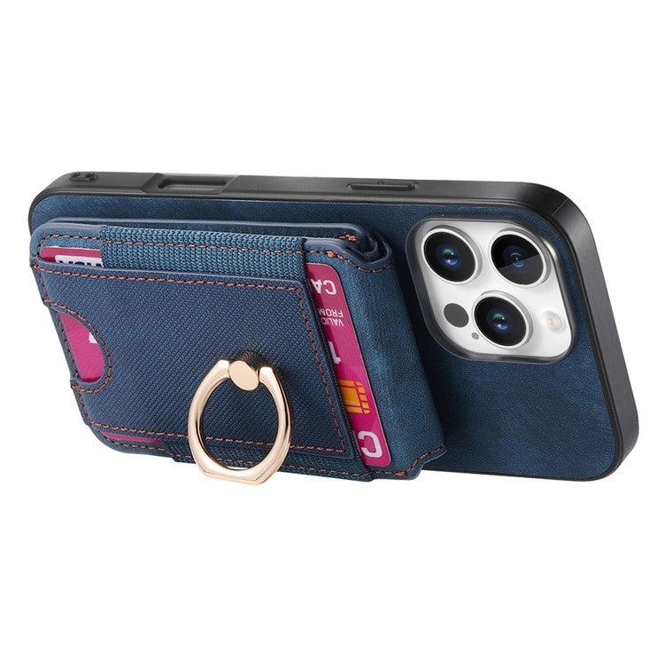 D14 For iPhone 16 Pro Case with Detachable Card Holder Kickstand Leather Back Cover - Blue