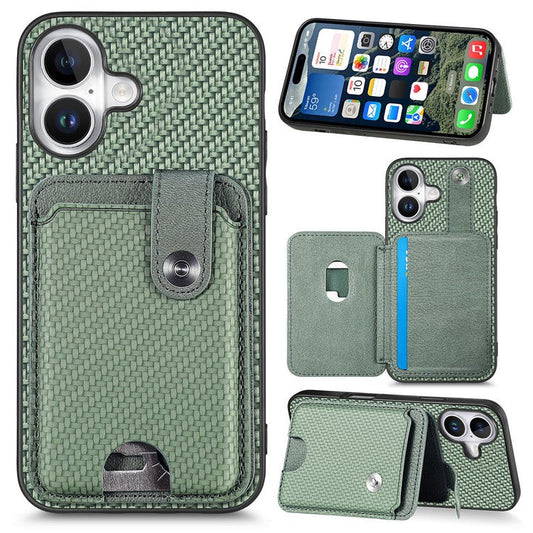 Style B C1-06 For iPhone 16 Plus Case Card Holder Leather+PC+TPU Phone Cover with Card Knife - Green