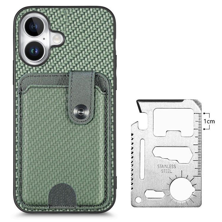 Style B C1-06 For iPhone 16 Plus Case Card Holder Leather+PC+TPU Phone Cover with Card Knife - Green