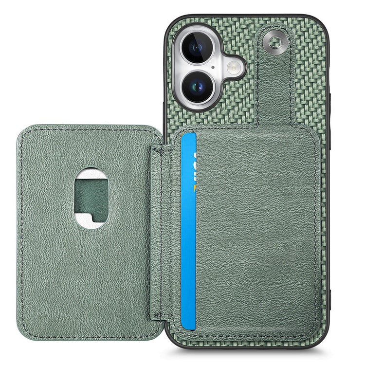 Style B C1-06 For iPhone 16 Plus Case Card Holder Leather+PC+TPU Phone Cover with Card Knife - Green