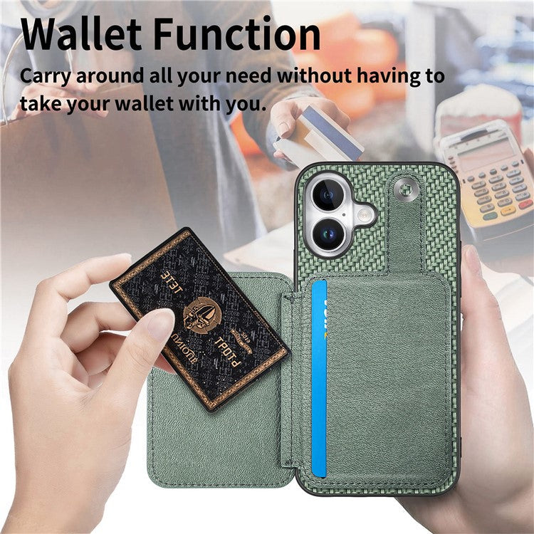 Style B C1-06 For iPhone 16 Plus Case Card Holder Leather+PC+TPU Phone Cover with Card Knife - Green
