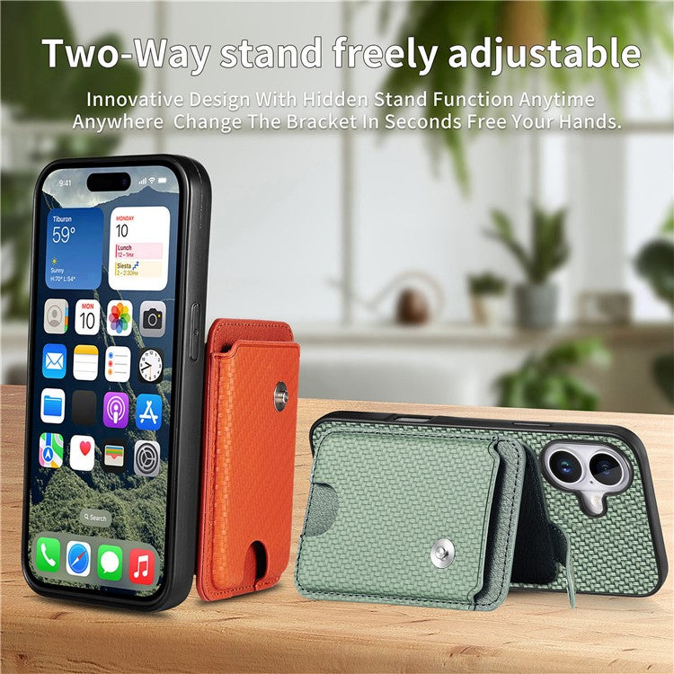 Style B C1-06 For iPhone 16 Plus Case Card Holder Leather+PC+TPU Phone Cover with Card Knife - Green
