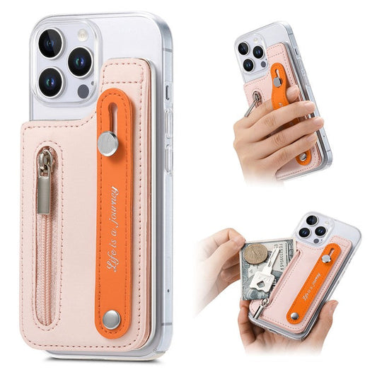 CY2 For iPhone 16 Pro Case Wristband Leather+PC Zipper Pocket Phone Cover RFID Blocking - Pink