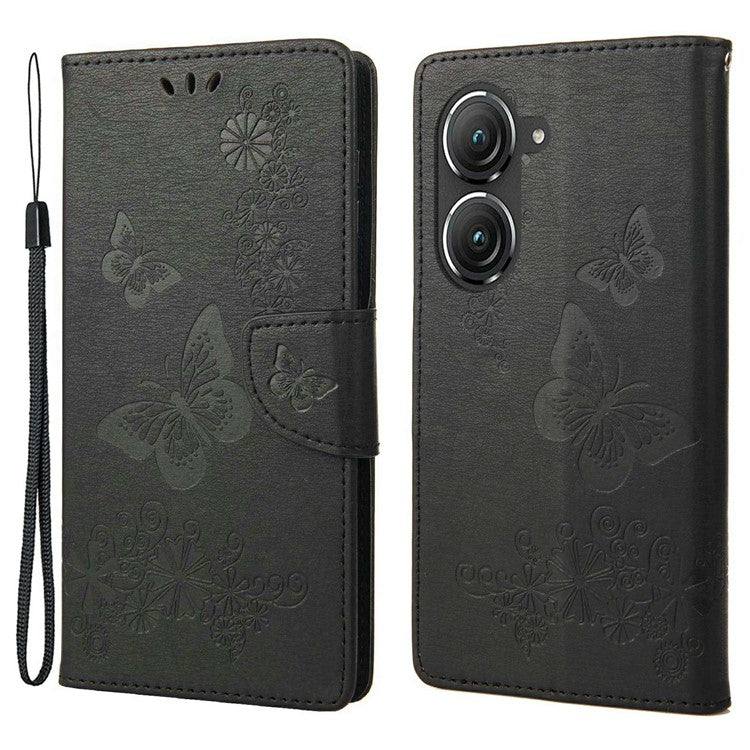 For Asus Zenfone 9 5G Magnetic Clasp PU Leather Phone Case Big Butterflies Flower Pattern Imprinting Anti-scratch Phone Cover Wallet Stand with Strap - Black