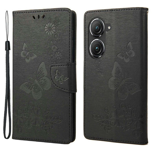 For Asus Zenfone 9 5G Magnetic Clasp PU Leather Phone Case Big Butterflies Flower Pattern Imprinting Anti-scratch Phone Cover Wallet Stand with Strap - Black