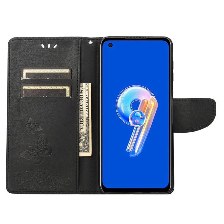 For Asus Zenfone 9 5G Magnetic Clasp PU Leather Phone Case Big Butterflies Flower Pattern Imprinting Anti-scratch Phone Cover Wallet Stand with Strap - Black
