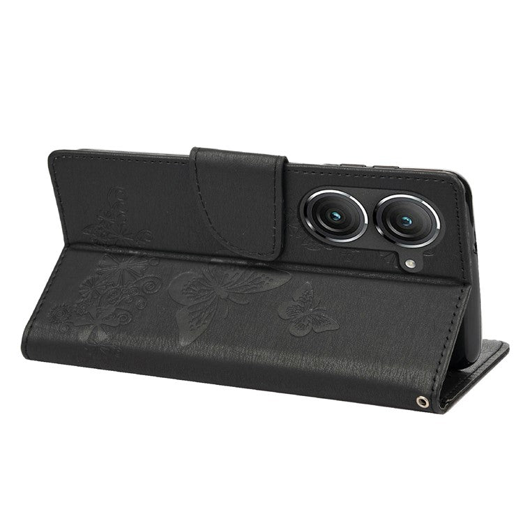 For Asus Zenfone 9 5G Magnetic Clasp PU Leather Phone Case Big Butterflies Flower Pattern Imprinting Anti-scratch Phone Cover Wallet Stand with Strap - Black