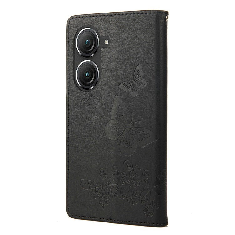 For Asus Zenfone 9 5G Magnetic Clasp PU Leather Phone Case Big Butterflies Flower Pattern Imprinting Anti-scratch Phone Cover Wallet Stand with Strap - Black