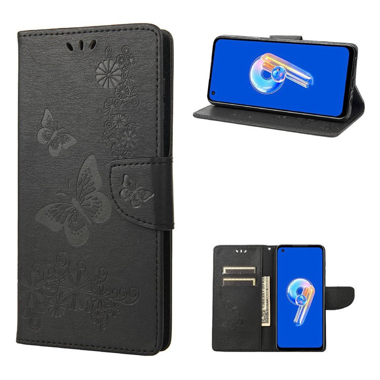 For Asus Zenfone 9 5G Magnetic Clasp PU Leather Phone Case Big Butterflies Flower Pattern Imprinting Anti-scratch Phone Cover Wallet Stand with Strap - Black