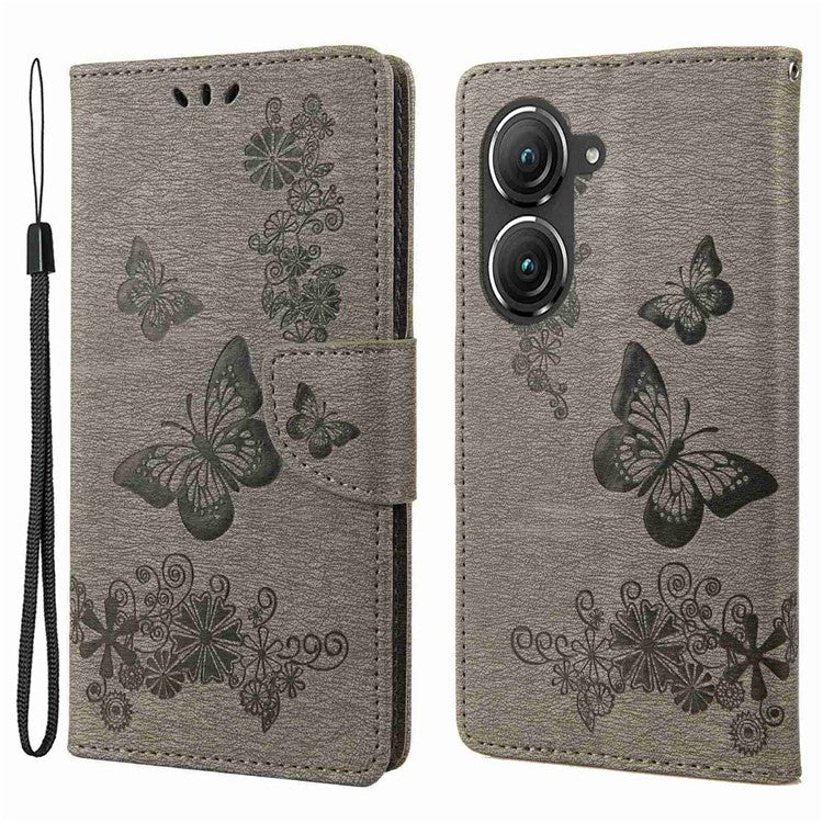 For Asus Zenfone 9 5G Magnetic Clasp PU Leather Phone Case Big Butterflies Flower Pattern Imprinting Anti-scratch Phone Cover Wallet Stand with Strap - Grey