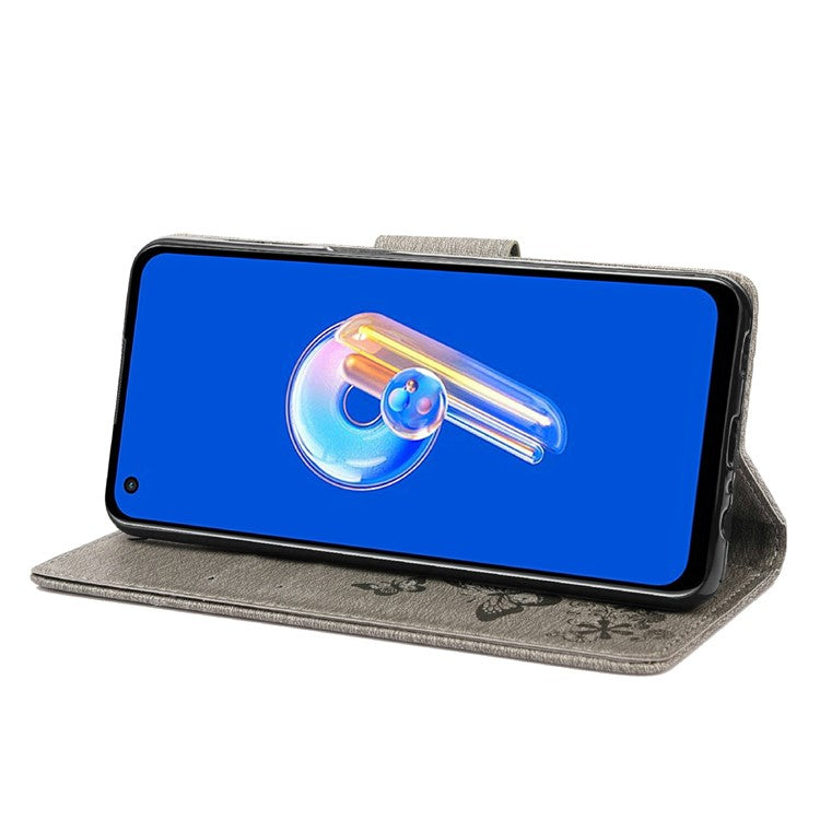 For Asus Zenfone 9 5G Magnetic Clasp PU Leather Phone Case Big Butterflies Flower Pattern Imprinting Anti-scratch Phone Cover Wallet Stand with Strap - Grey