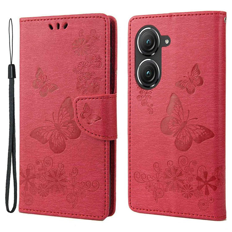 For Asus Zenfone 9 5G Magnetic Clasp PU Leather Phone Case Big Butterflies Flower Pattern Imprinting Anti-scratch Phone Cover Wallet Stand with Strap - Red